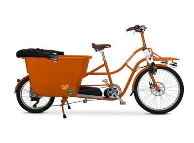 A step-thru bike with a front crate, with a large plastic bucket in the rear.