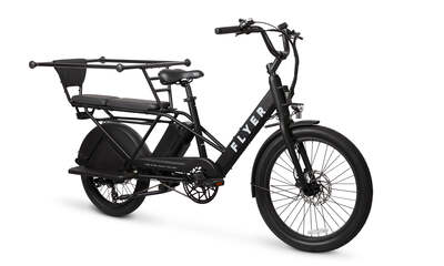 A black long-tail cargo bike with the word Flyer on the side.